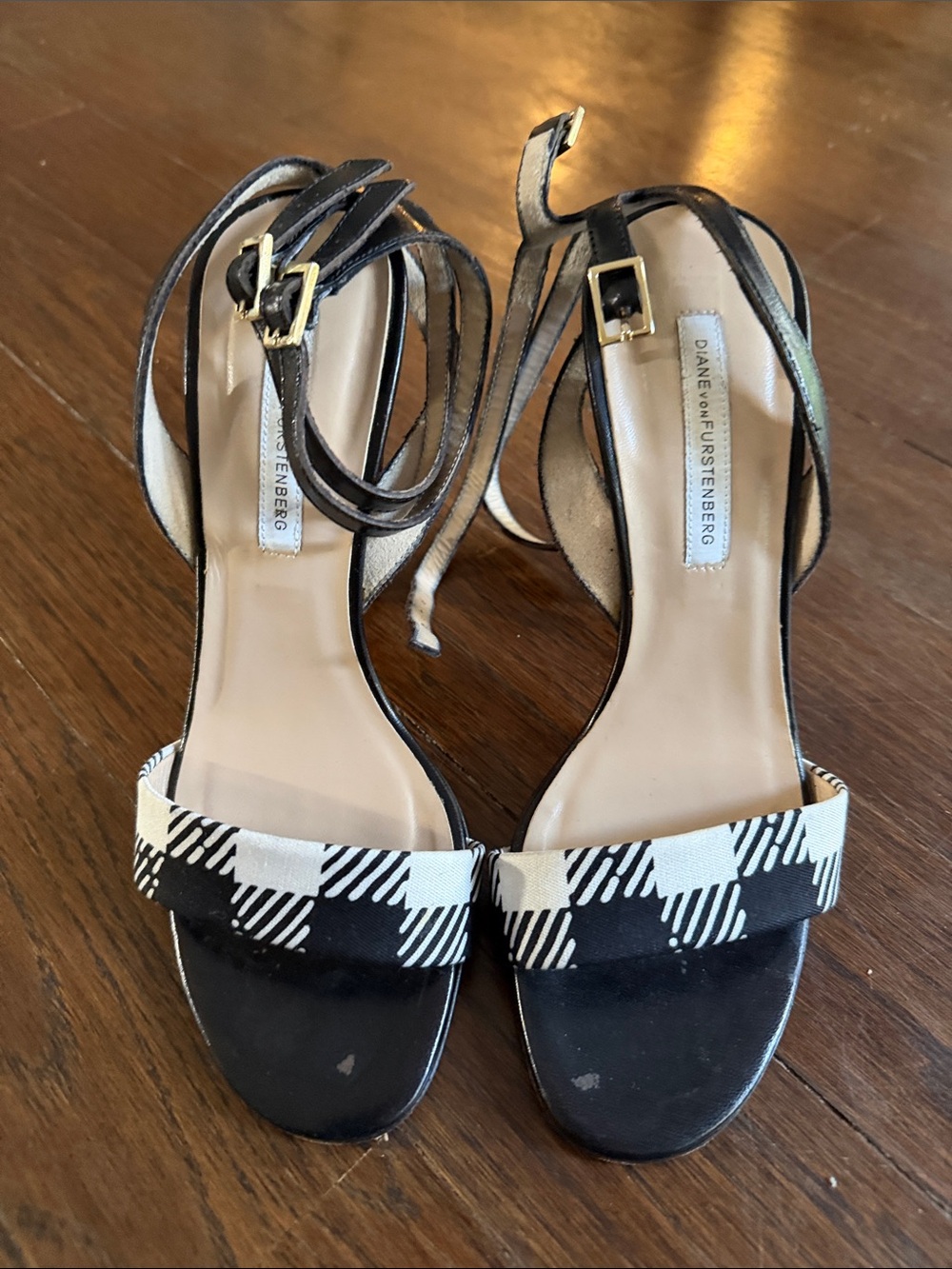 Diane von Furstenberg Black & White Plaid Ankle-Strap Sandals